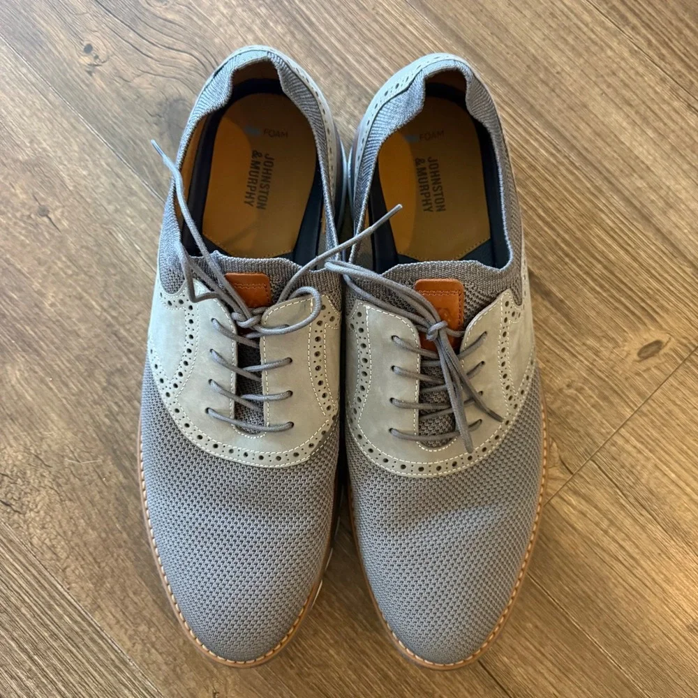 Johnston & Murphy Wingtip Oxford Shoes Mens 13 Gray Knit Leather Hybrid TruFoam